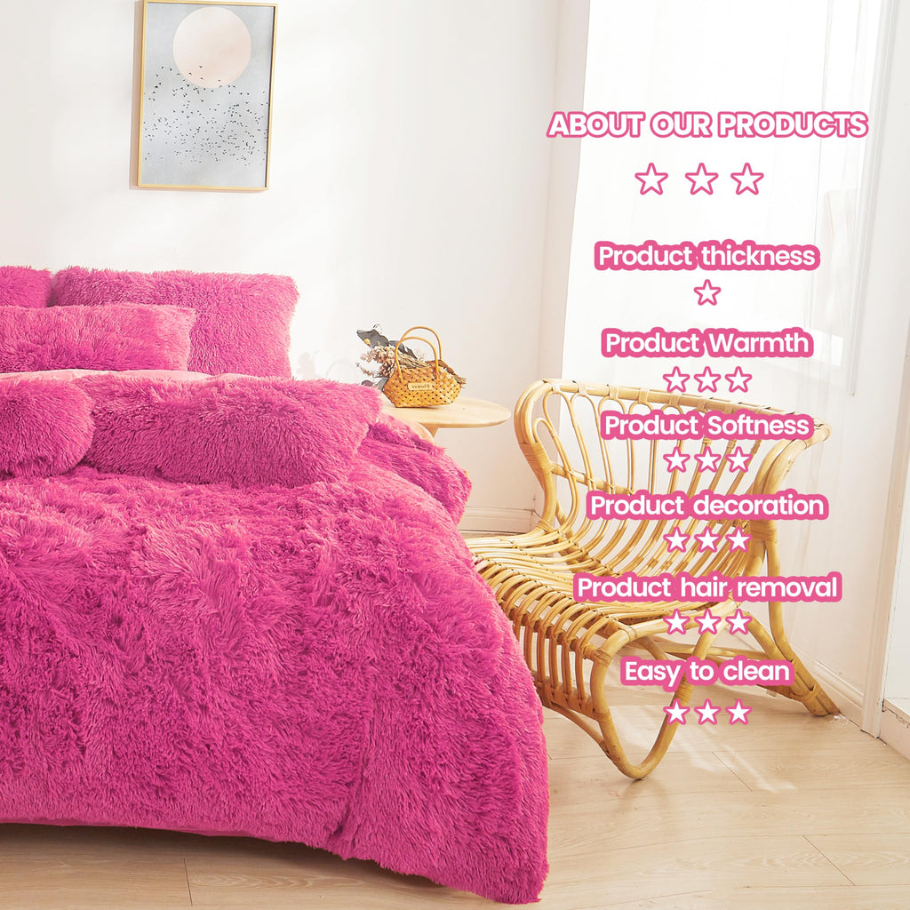 Fluffy Faux Fur hot Pink Comforter Cover Set - Ultra Soft Plush Bedding Sets 3 Pieces (1 Fluffy Duvet Cover + 2