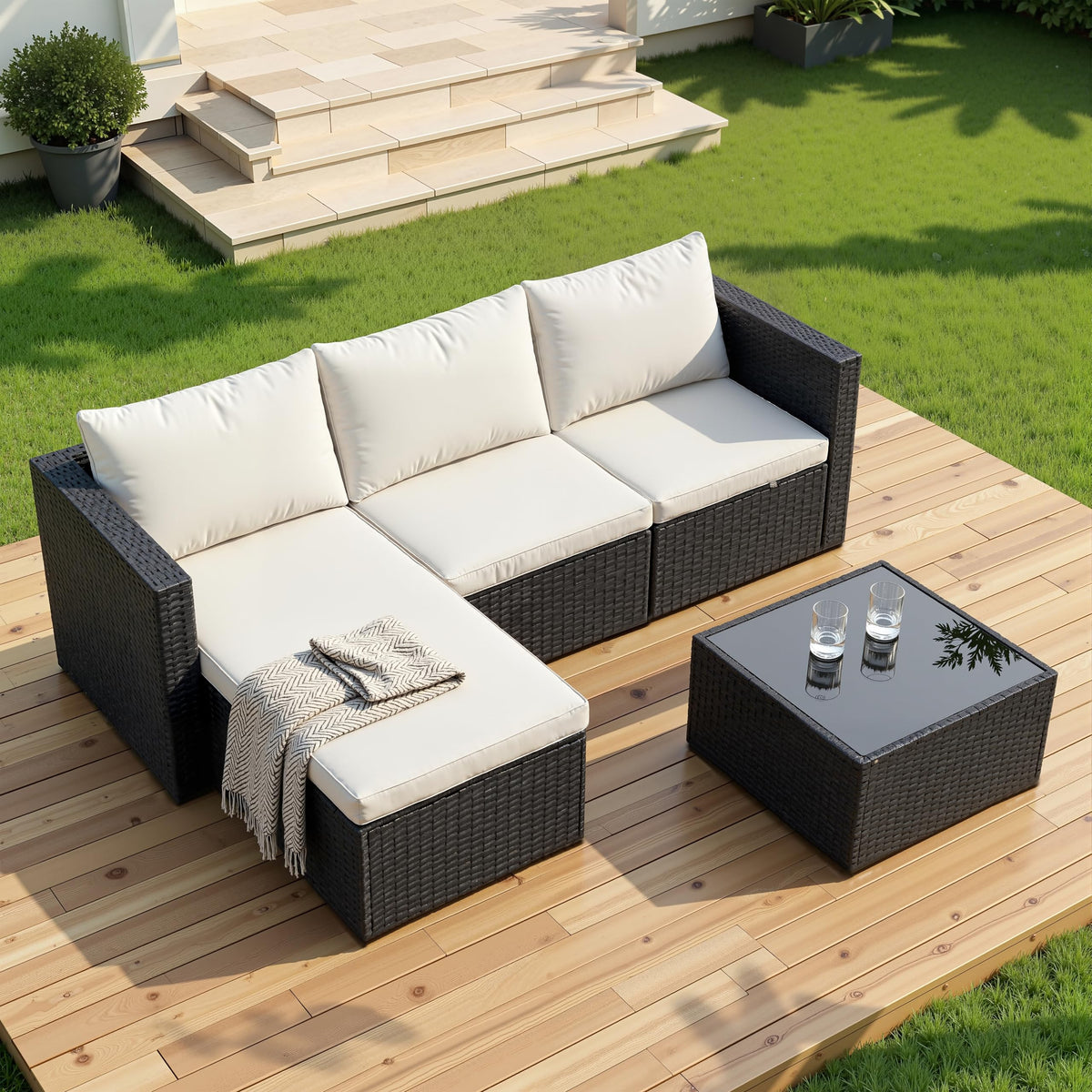 Outdoor Sectional Patio Furniture Set 4-Piece, All-Weather PE Rattan Sofa Couch with Cushions & Storage Coffee Table