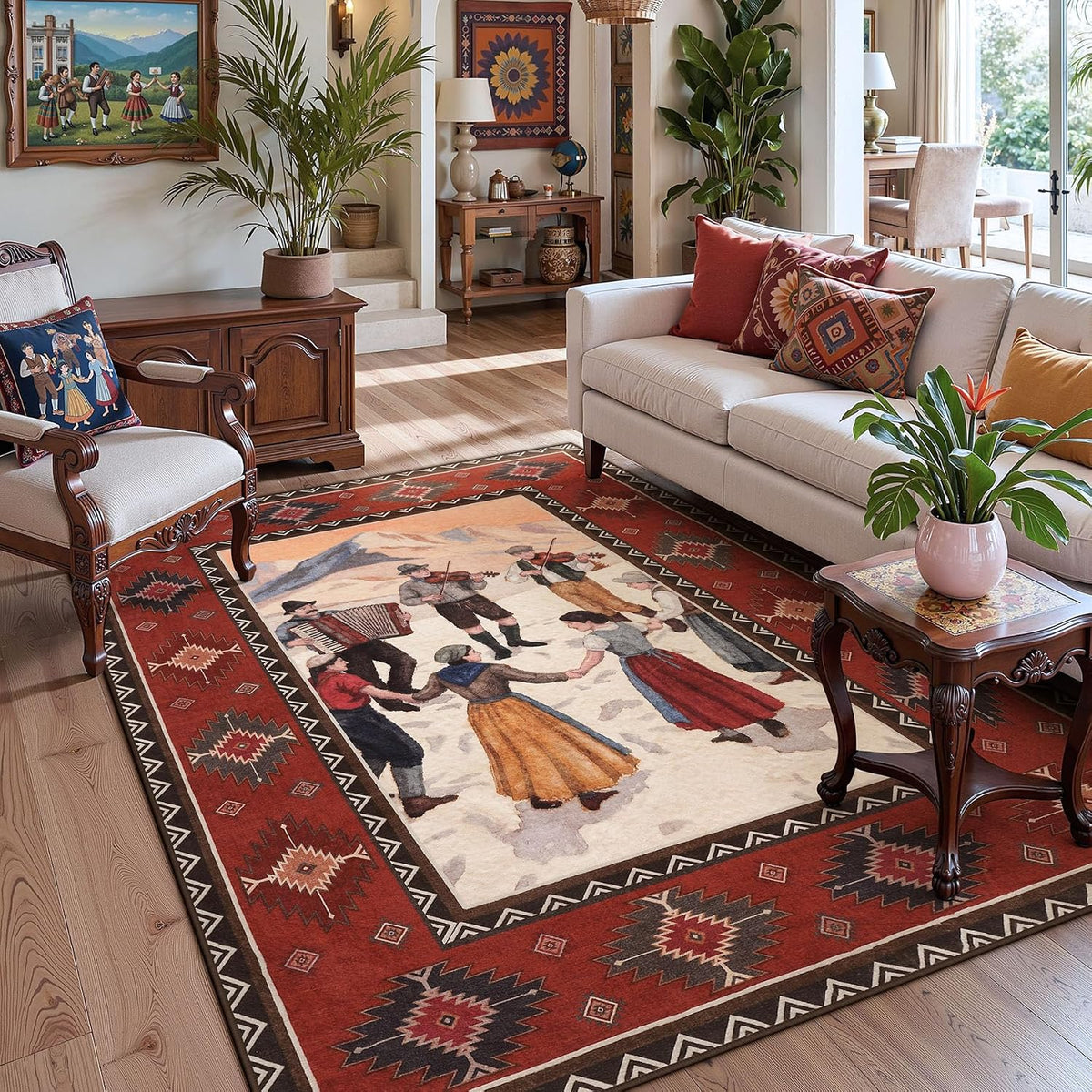 Red Ivory Southwestern Folk Art Rug