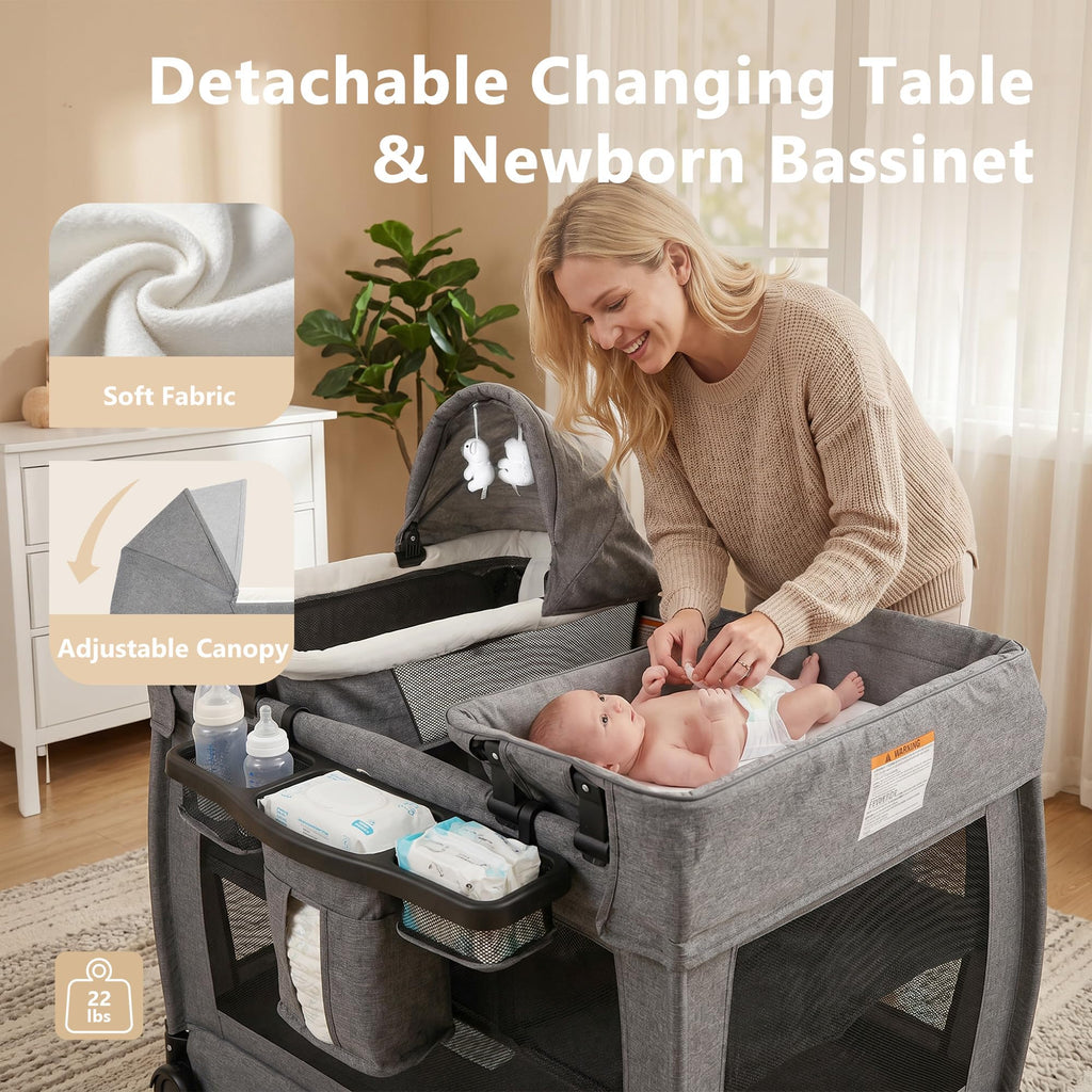 4 in 1 Play Yard w/Bassinet, Baby Playard, Light Gray