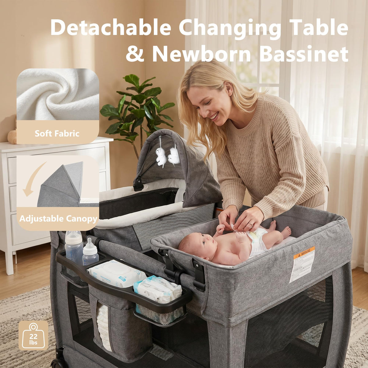 4 in 1 Play Yard w/Bassinet, Baby Playard, Light Gray