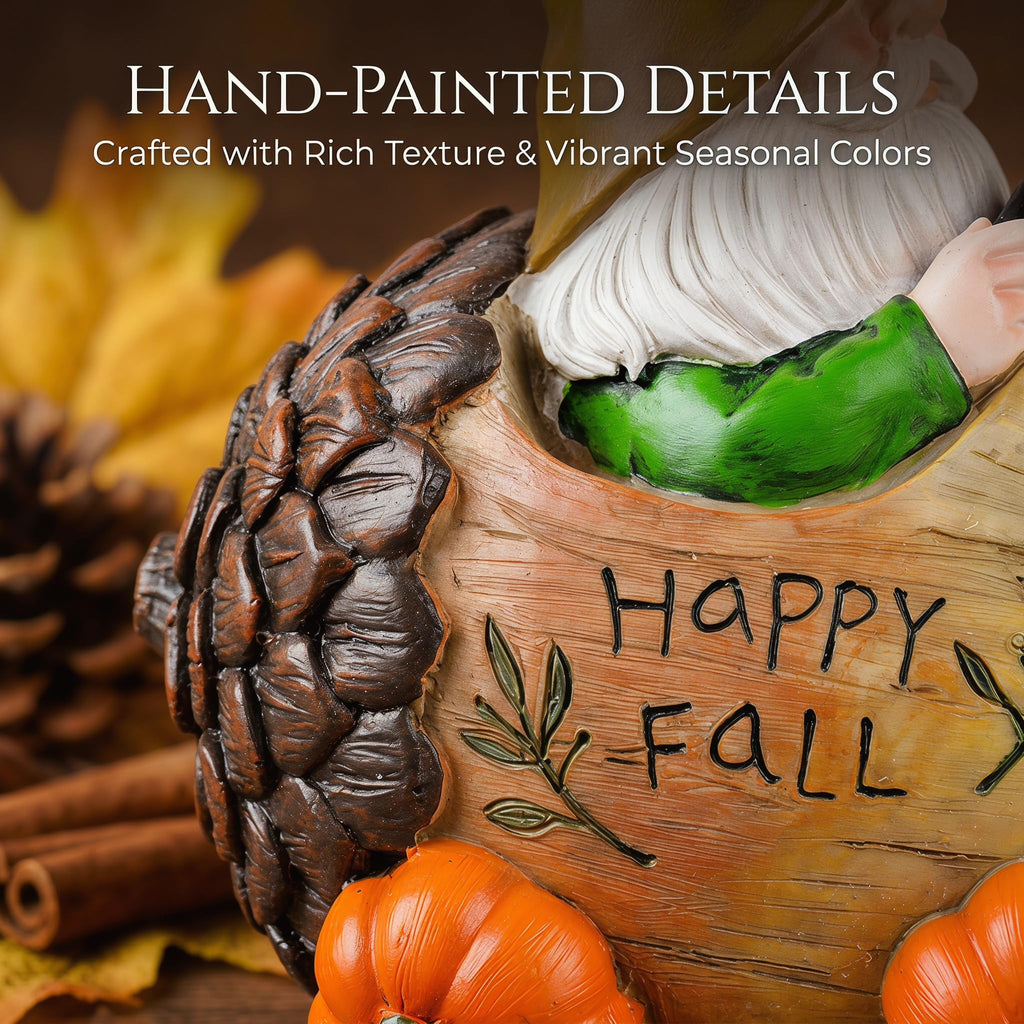 Fall Gnome Figurine with Acorn Car & Pumpkin Wheels, Happy Fall