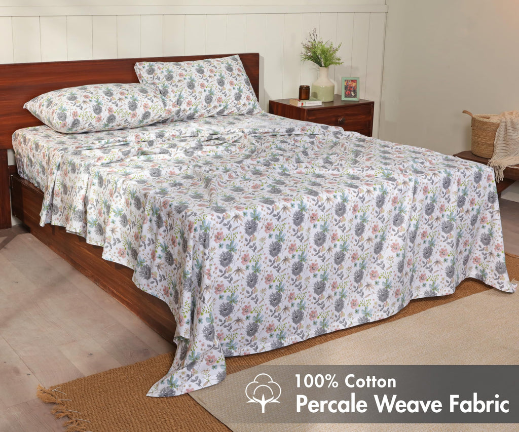 100% Cotton Split King Sheets, Percale Sheet Set, Dandelion Field