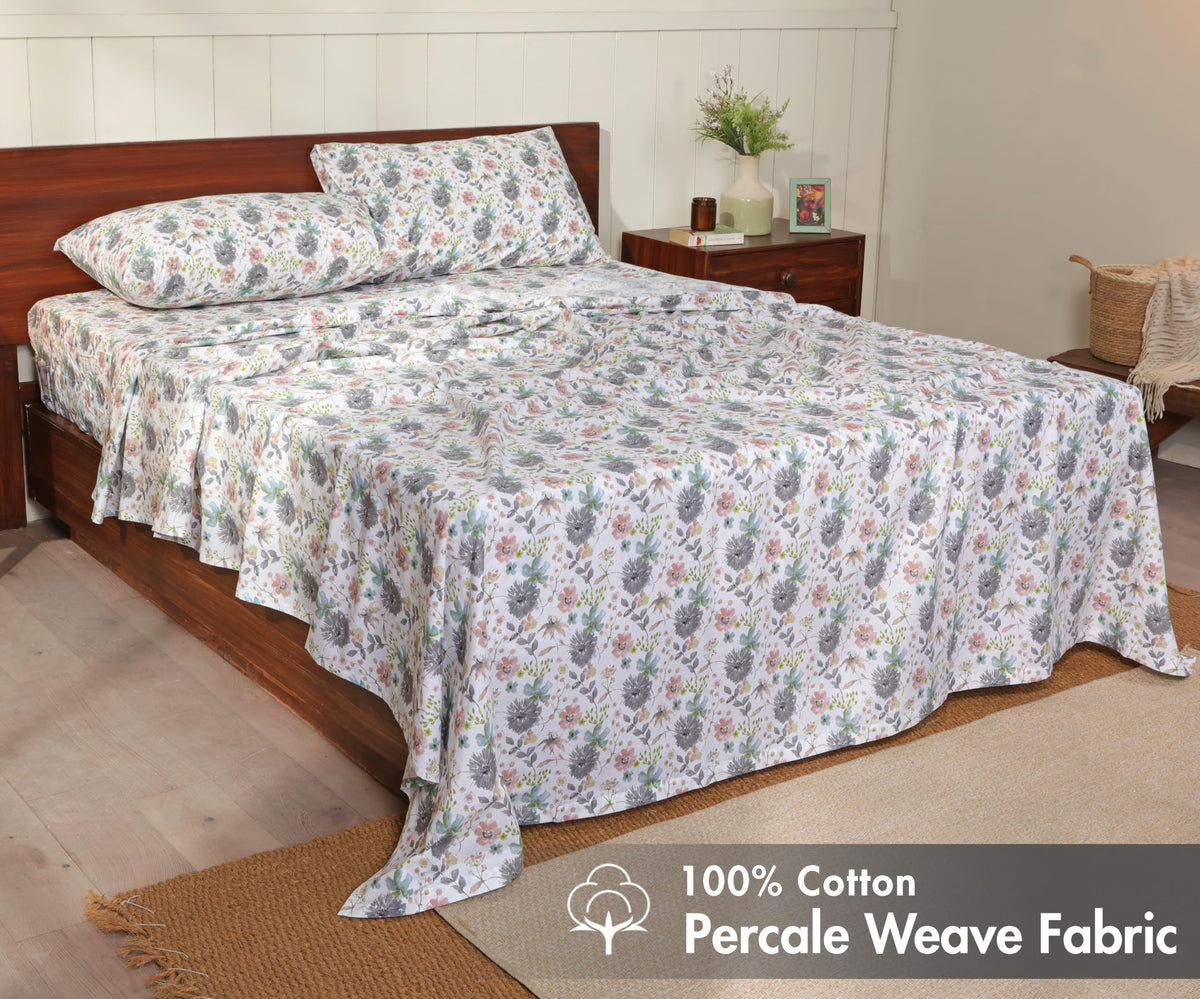 100% Cotton Split King Sheets, Percale Sheet Set, Dandelion Field