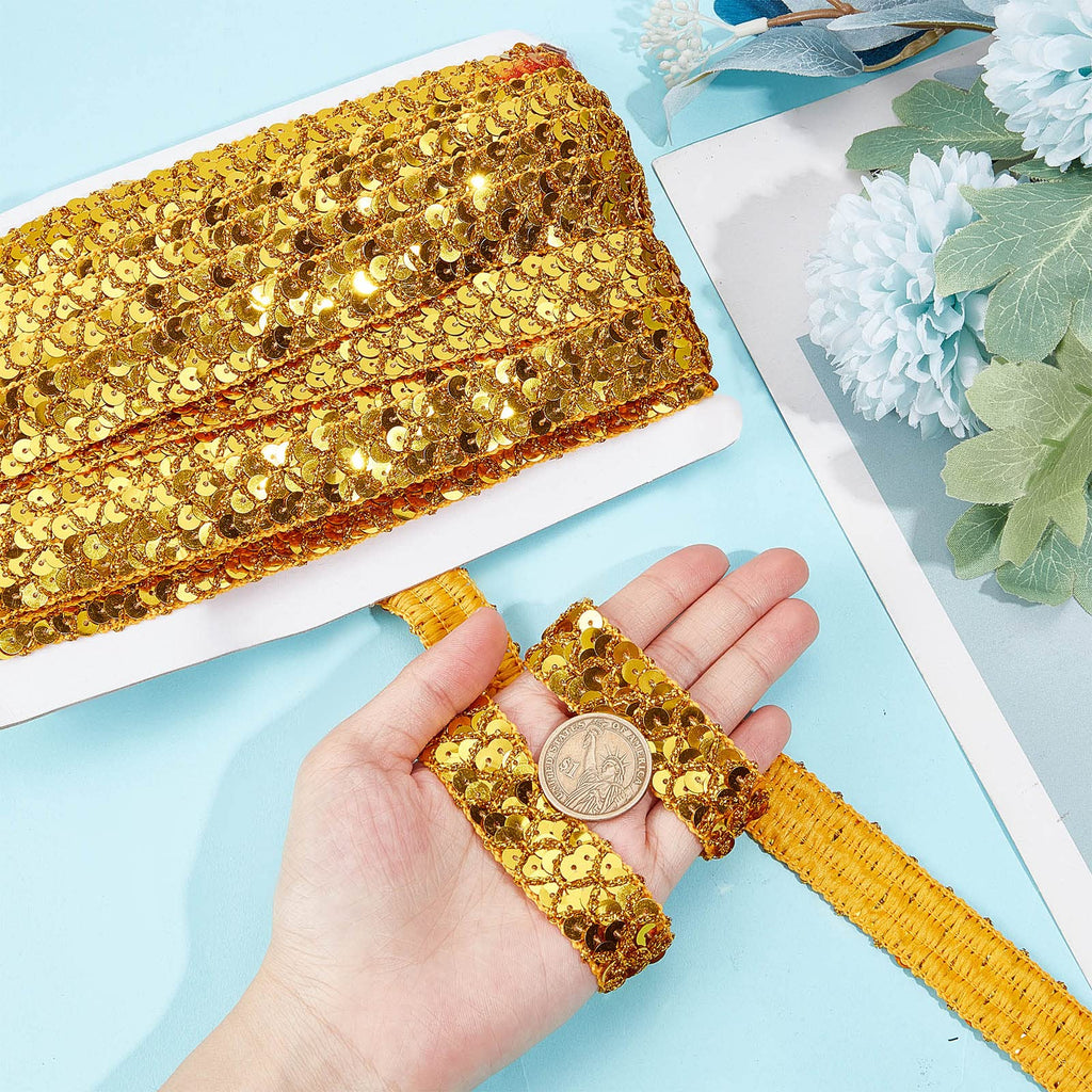 0.78" Gold Sequin Trim Lace Ribbon Braid Sequins Beads Glitter Ribbon Sequin Strips 3 Rows Paillette Roll for - 14Yds