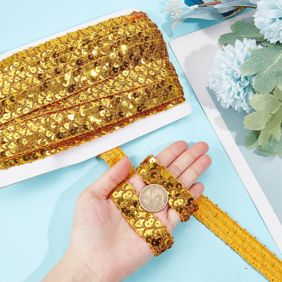 0.78" Gold Sequin Trim Lace Ribbon Braid Sequins Beads Glitter Ribbon Sequin Strips 3 Rows Paillette Roll for - 14Yds