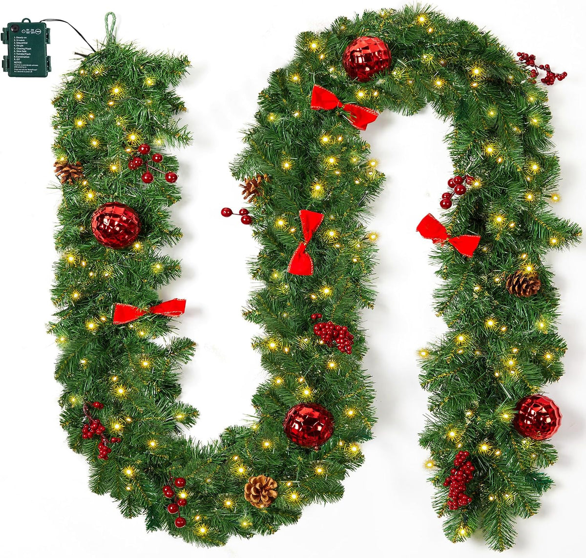Christmas Garland with Lights, 9Ft Prelit Garland, 8 Light Modes & Timer