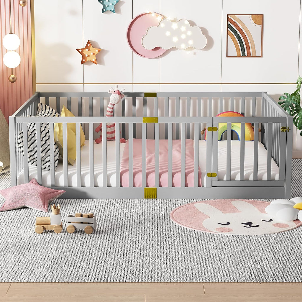 Toddler Floor Bed with Door&High Rails, Grey