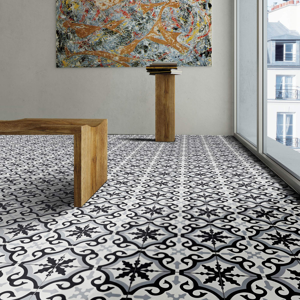 Argana Handmade Cement Tile in Black, Grey, White, 8"x8