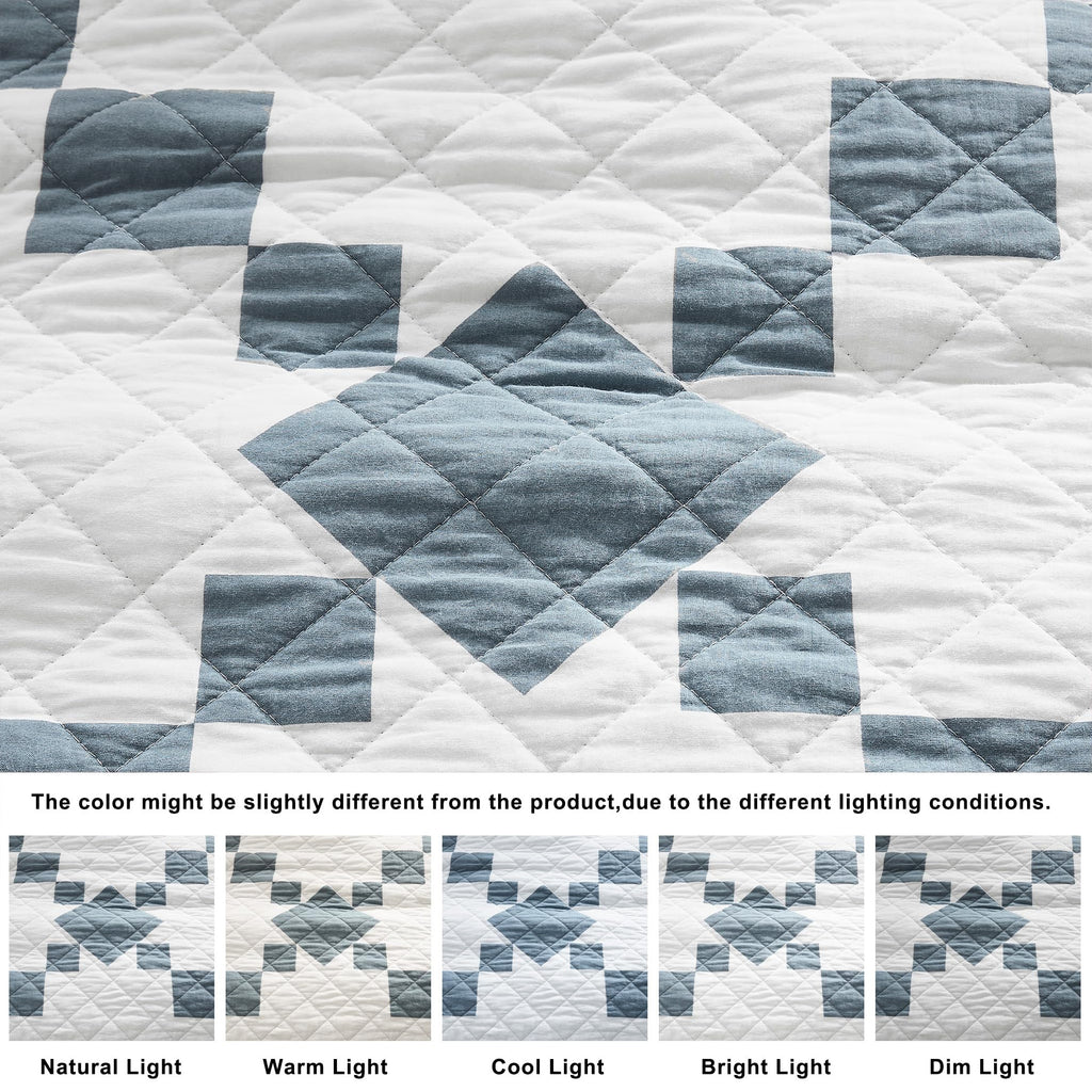 100% Cotton Quilt California, Oversized Lightweight Reversible Gingham Patchwork Bedding Set with 2
