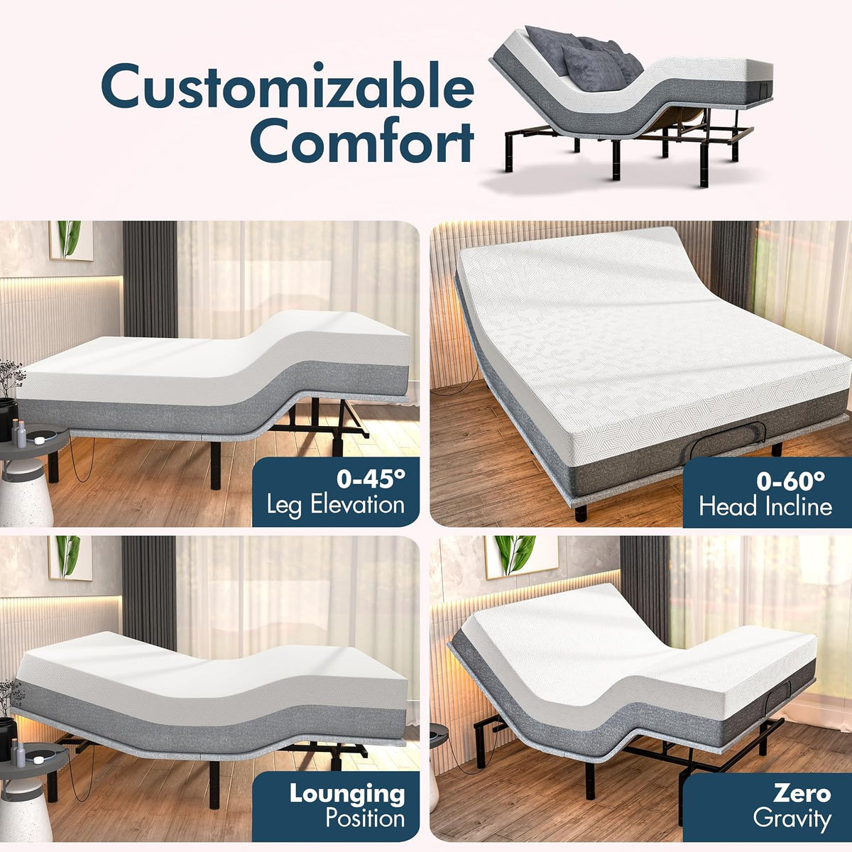 SF Queen Adjustable Bed Frame - Smart Frame with Wireless Remote for Head & Foot Incline - Electric Massage - 3