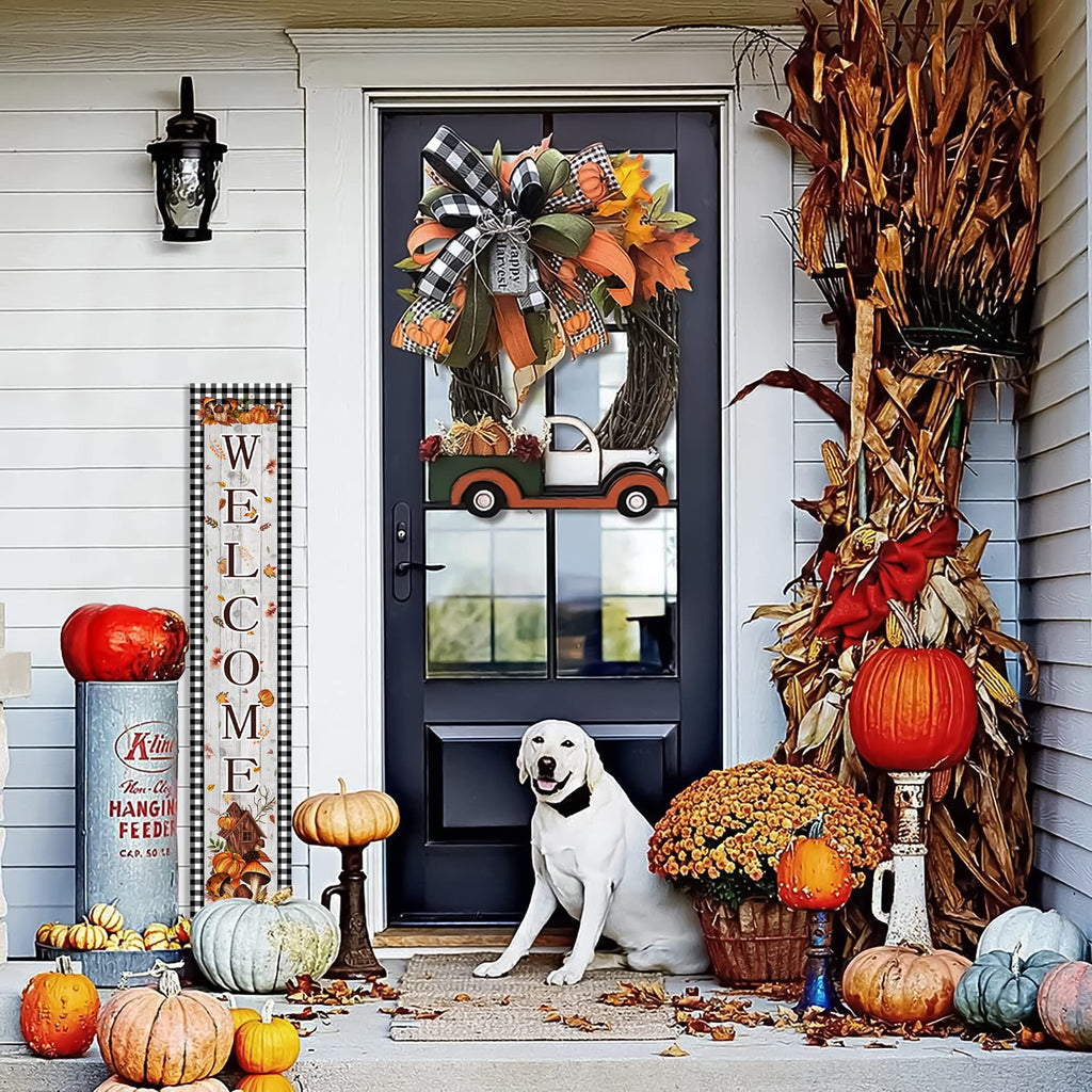 Fall Welcome Porch Sign Thanksgiving Day Wooden Door Sign 47" Large Buffalo Plaid Porch Sign for Pumpkin Sign Home