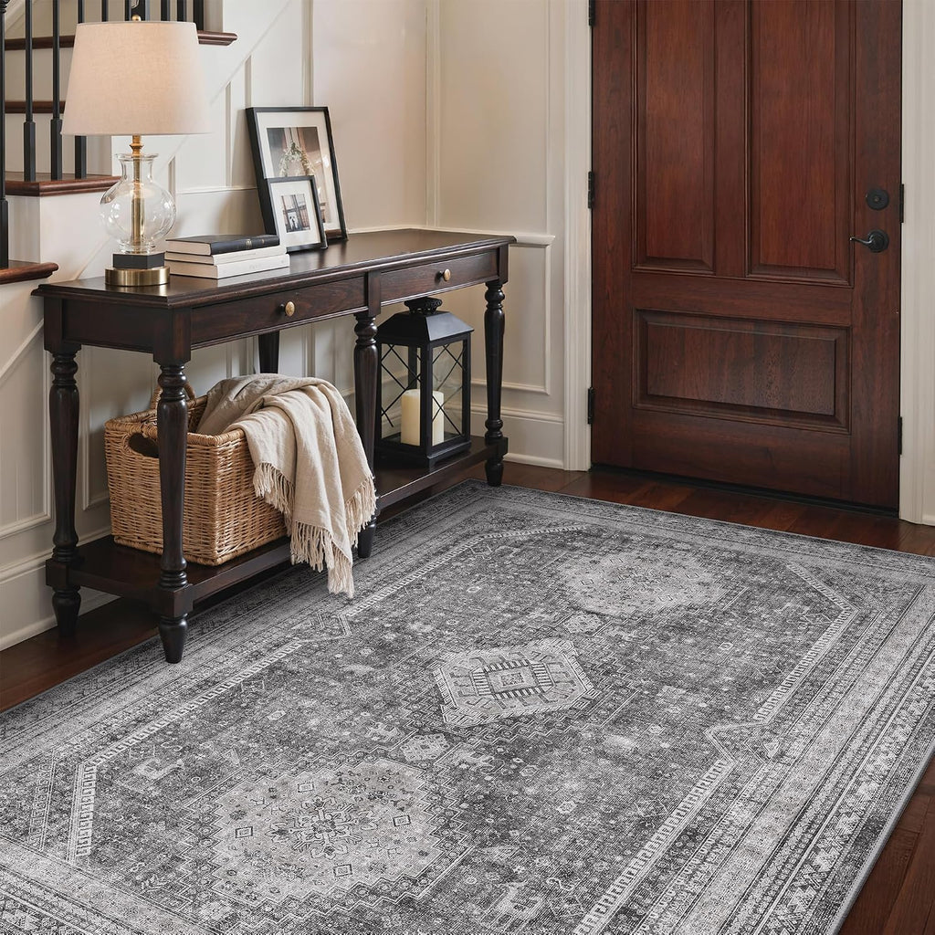 Non Slip Area Rug, Vintage Washable Rug Grey
