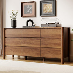 Walnut 9-Drawer Dresser, 63" Wide Mid-Century Modern Chest of Drawers