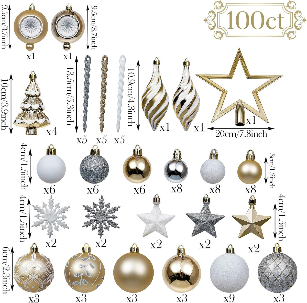 Christmas Ball Ornaments, 100ct White and Gold Shatterproof Christmas Tree Decorations Set, Elegant Hanging Ornaments