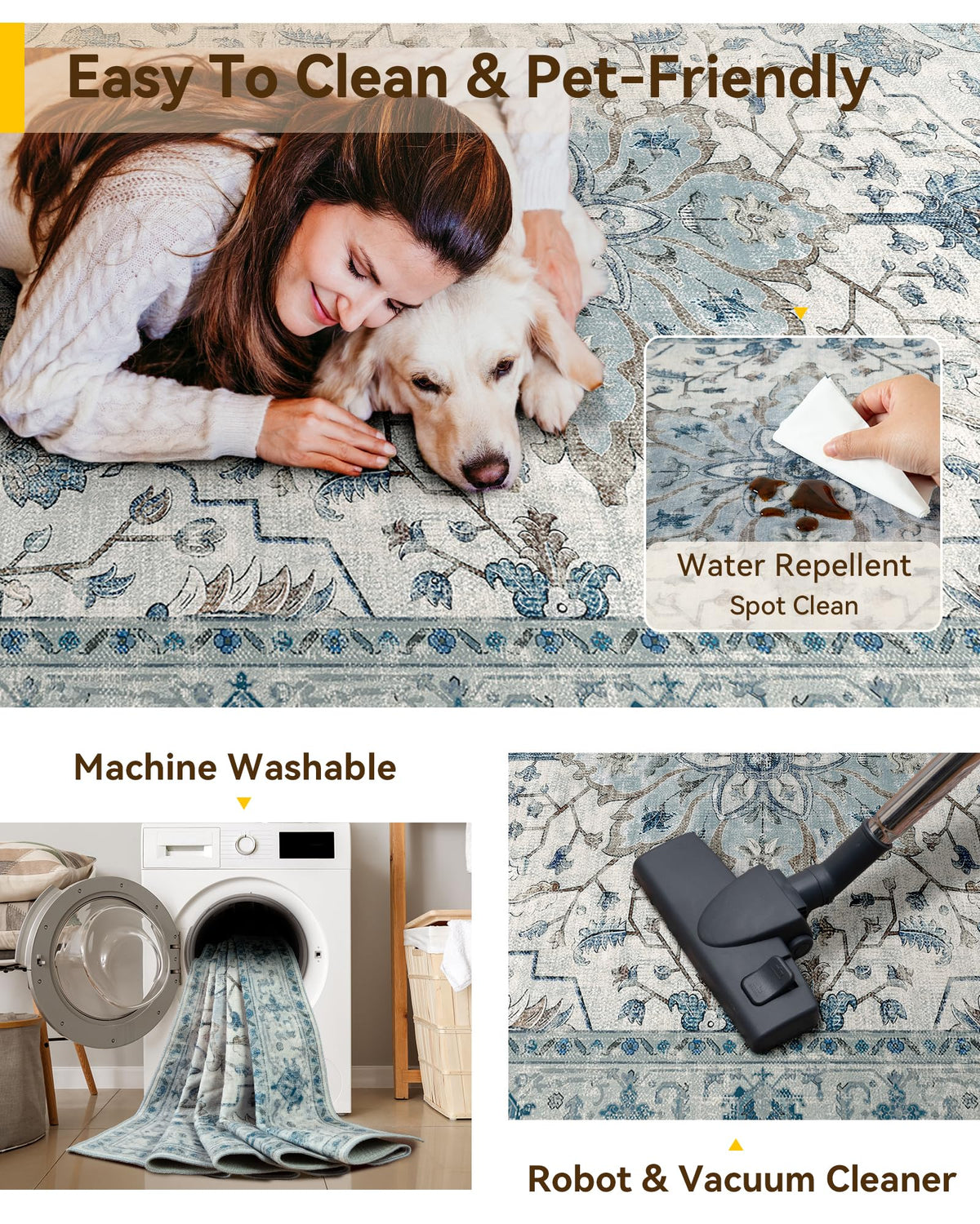 Washable Area Rug, Runner, Blue/White/Gray