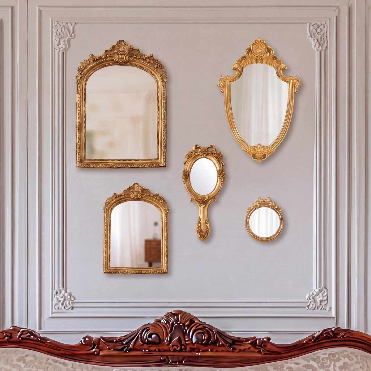 5 Pcs Vintage Gold Wall Mirror Set, 13in/8in/7in/4in, Classic Style
