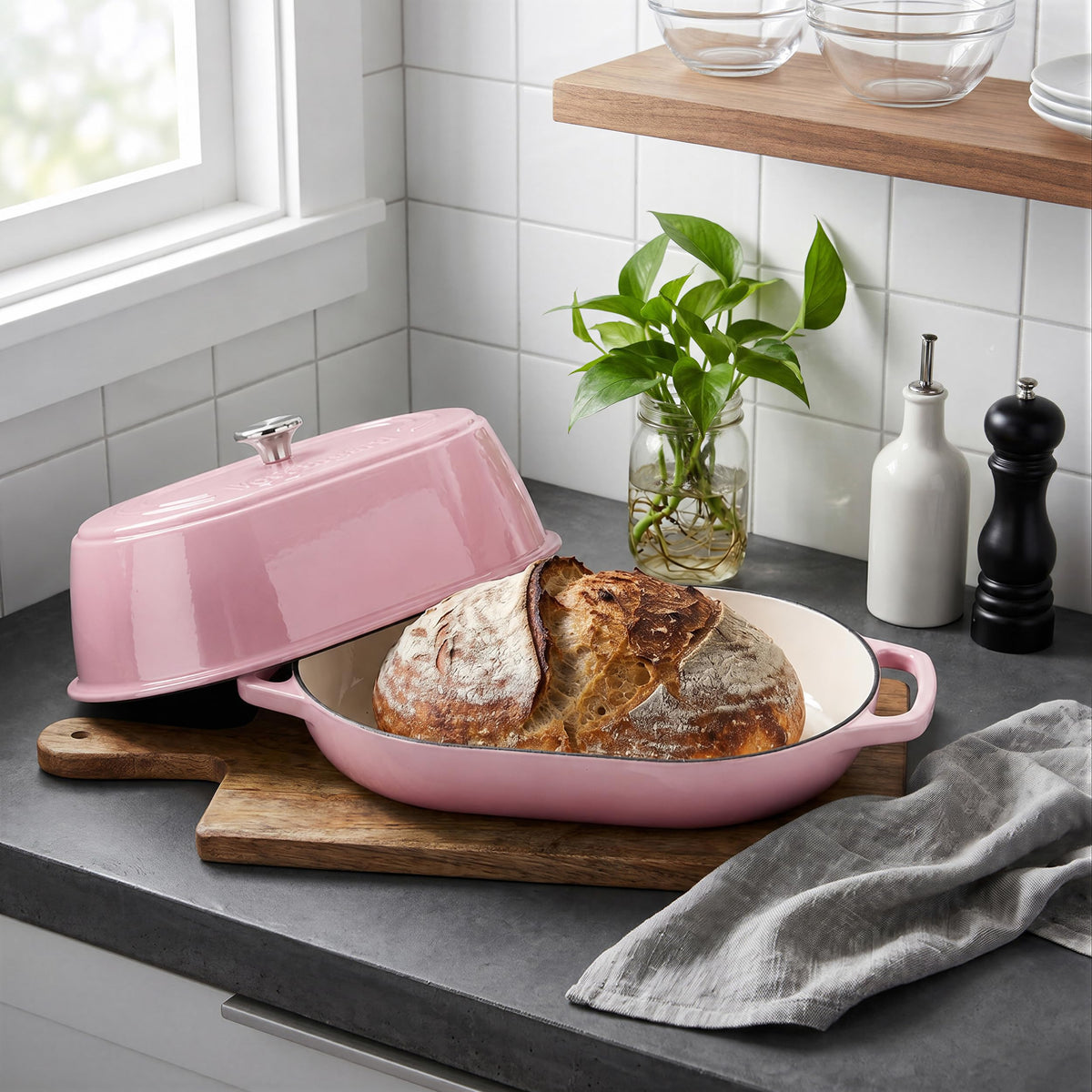 Enameled Cast Iron Dutch Oven Pot with Dome Lid, Oval Bread Oven made Sourdough Bread Baking, Oven Safe up to 500°F