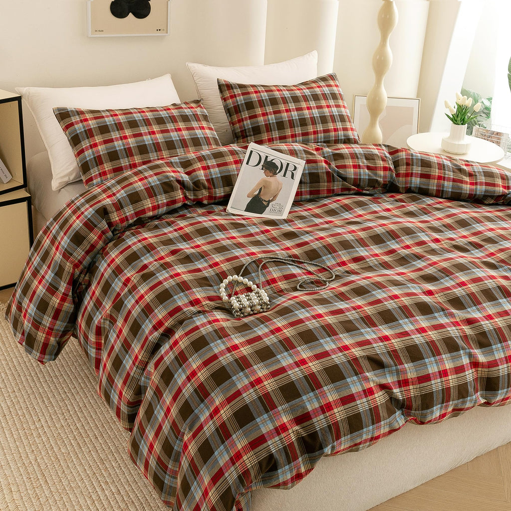 Cotton 3 Pcs Duvet Cover Set Linen Feel Red & Brown Plaid King