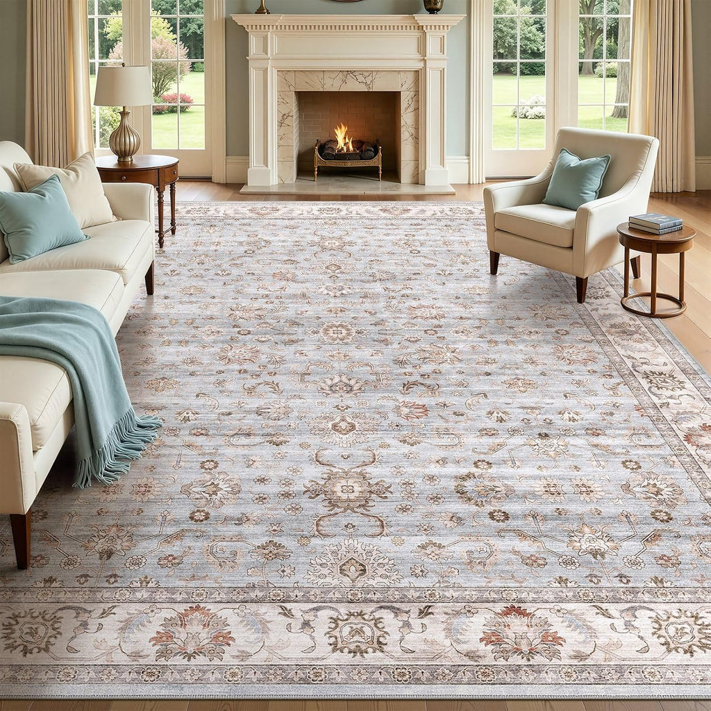 Washable Area Rug Non-Slip Floral Carpet, Gray/Light Blue