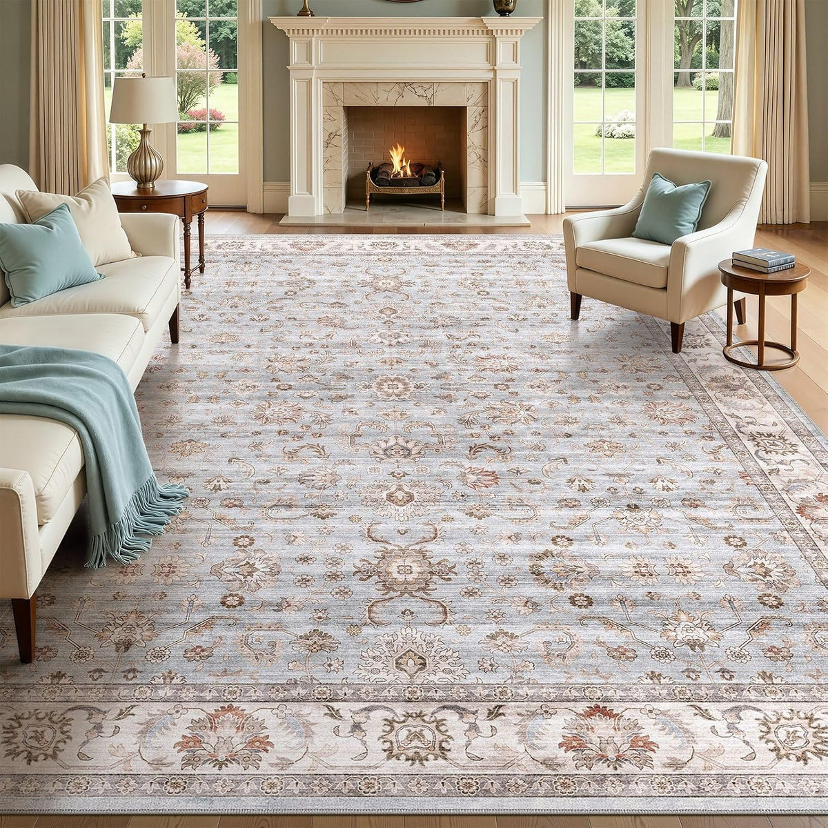 Washable Area Rug Non-Slip Floral Carpet, Gray/Light Blue