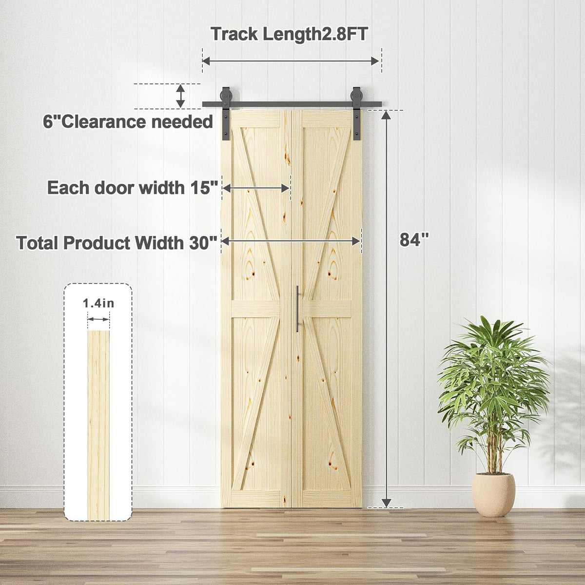 30in x 84in Bifold Barn Door with Hardware Kit, Unfinished Solid Pine Wood Folding Closet Door for Bedroom or Wardrobe