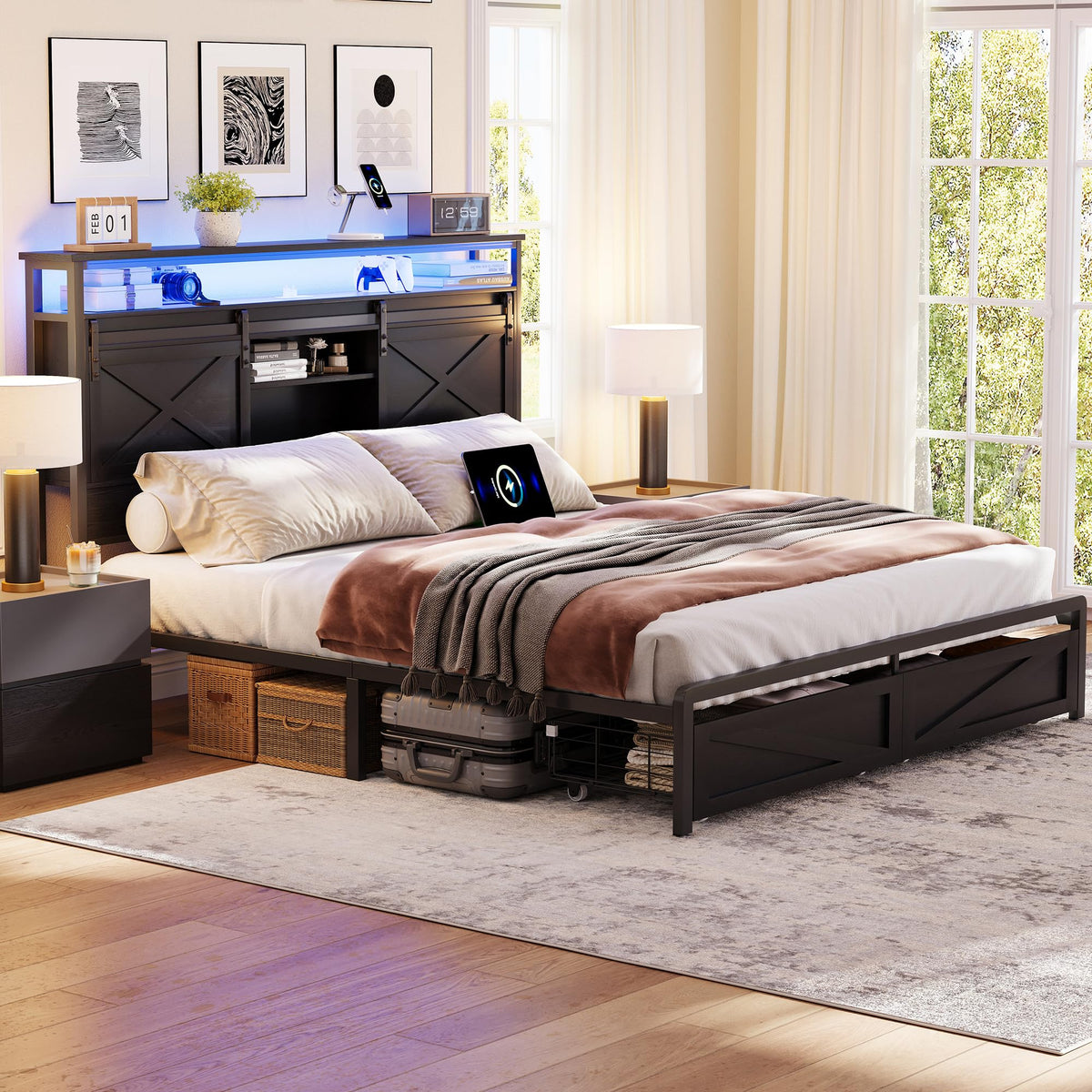 Farmhouse Bed Frame and Headboard with Storage Drawers & LED, Bed with Sliding Barn Door Storage