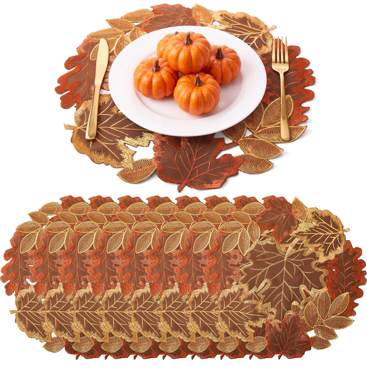 12 Pcs Fall Thanksgiving Placemats, Maple Leaves Embroidered Mats