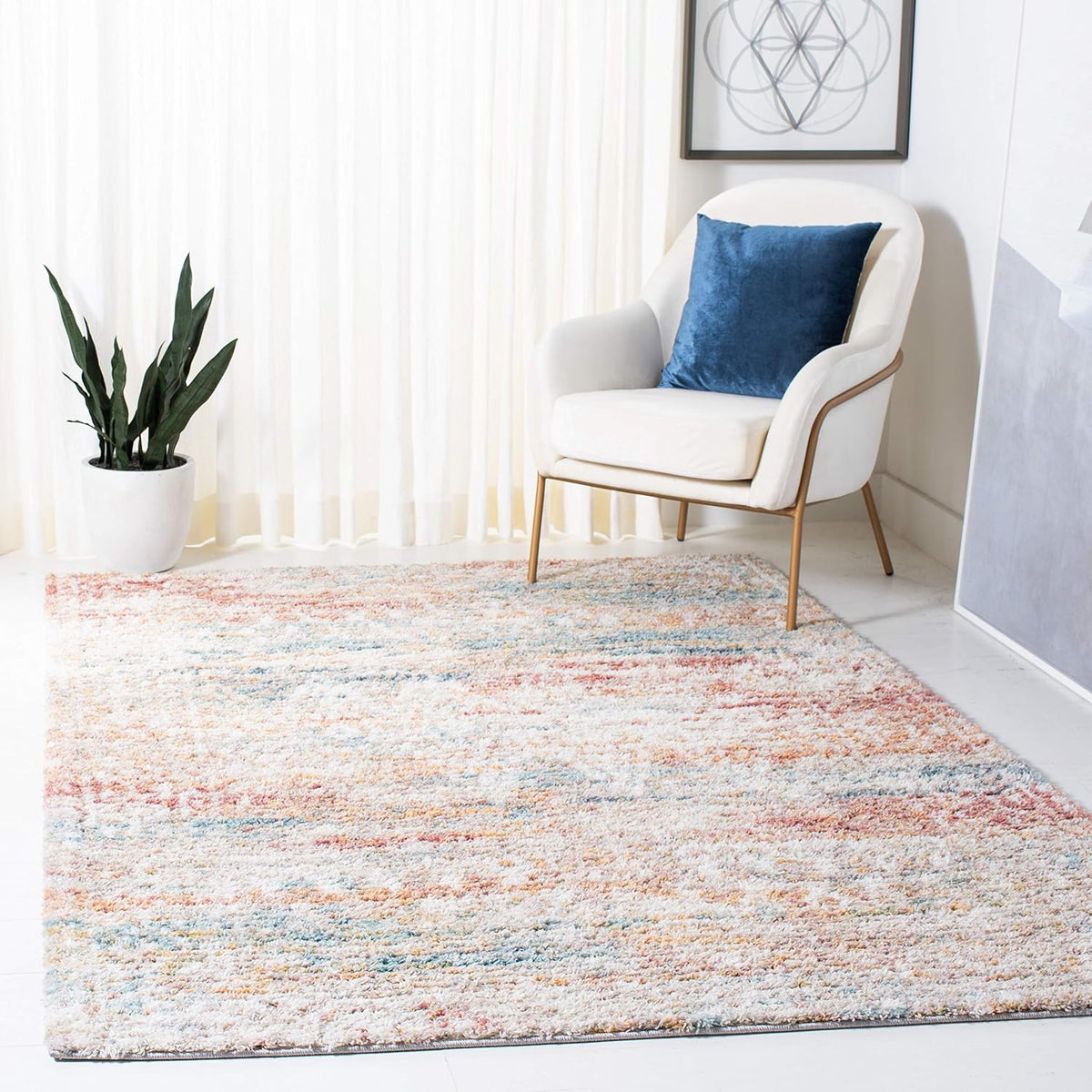 Calista Shag Collection Area Rug - 6'7" Square, Ivory & Beige, Moroccan Boho Design, Non-Shedding & Easy Care, 1-inch