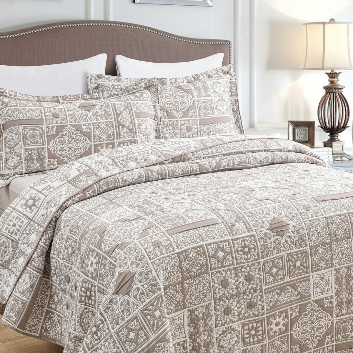 3 Piece Brown Patchwork Bedspread Sets King Size, Boho Reversible Jacquard Bedding Set for All Season, Soft