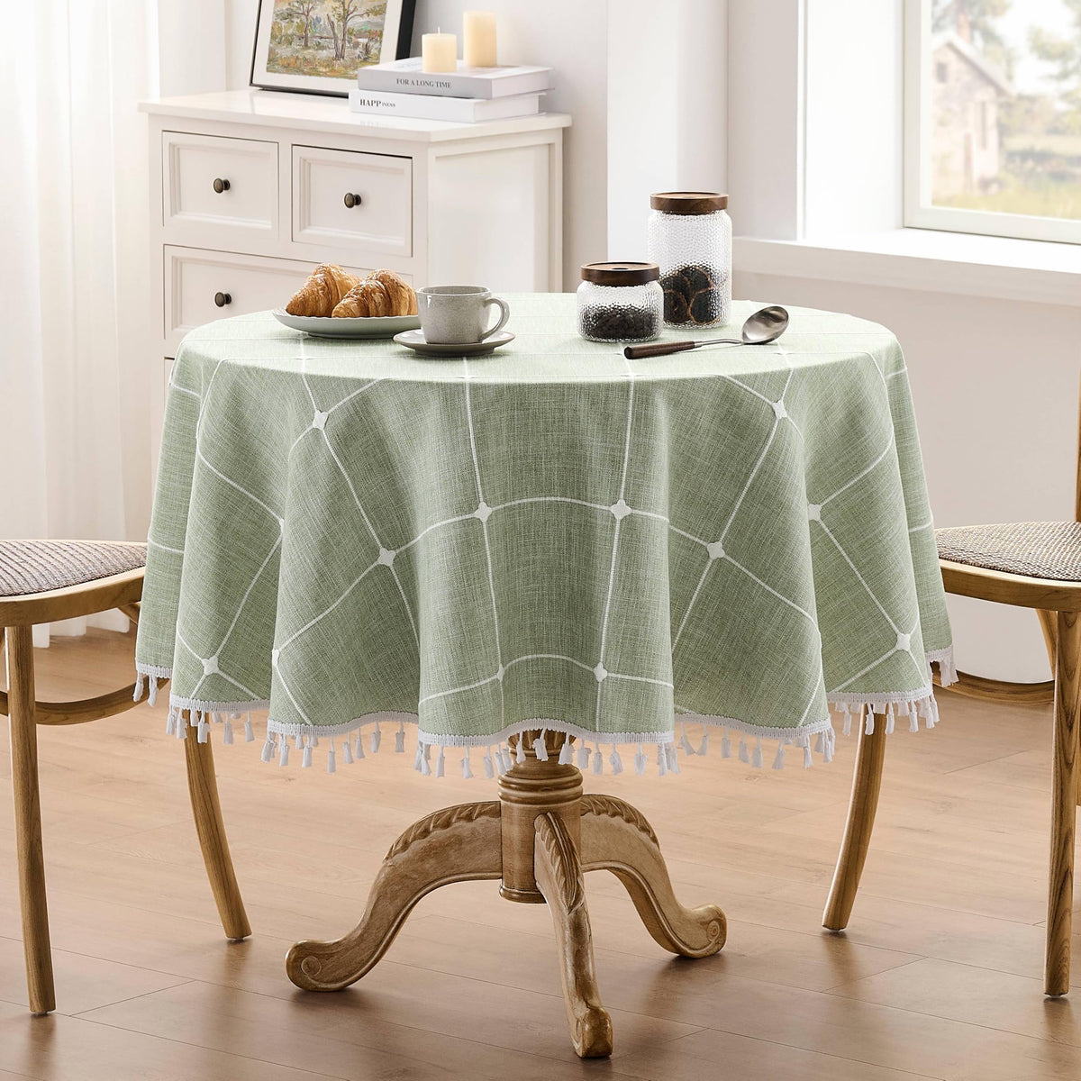 Boho Round Grid Tablecloth with Tassels, Green 60in