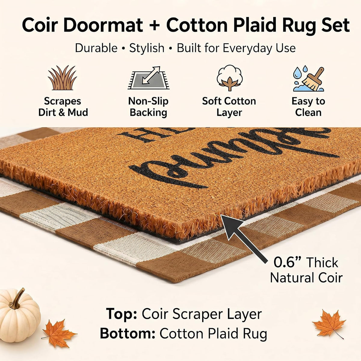 Fall Decor Door Mat Combo Set, 100% Coco Coir Welcome Mat + 28 x 43 Inches Coffee and White Plaid Rug - Fall