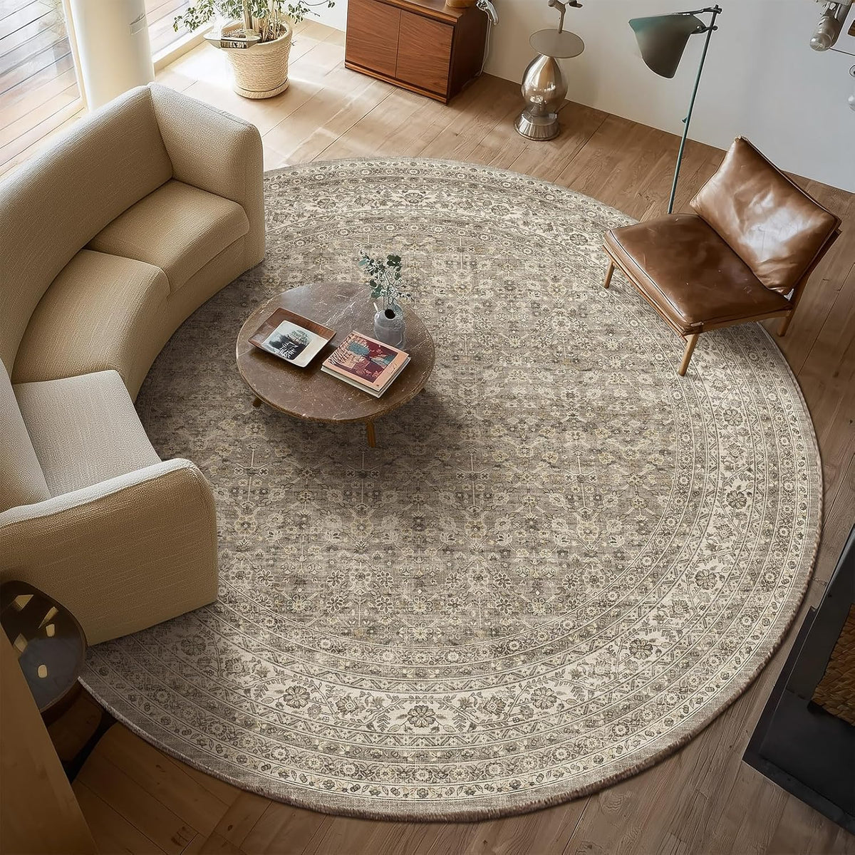 Washable Round Rugs for Bedroom: Circle Living Room Rug Vintage Non Slip Low Pile Soft Faux Wool Non Shedding