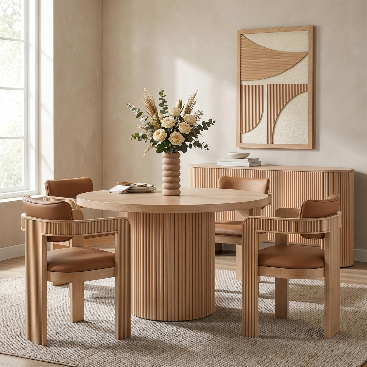 728Oak-T Belinda Collection Mid-Century Modern Dining Table, Solid Wood Base, Natural Finish Oak Wood Veneer MDF Top