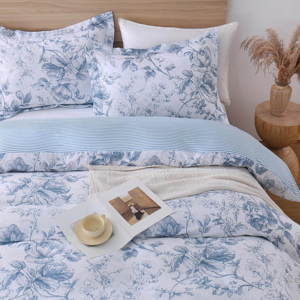 Blue Floral 100% Cotton Duvet Cover, Farmhouse Comforter Cover