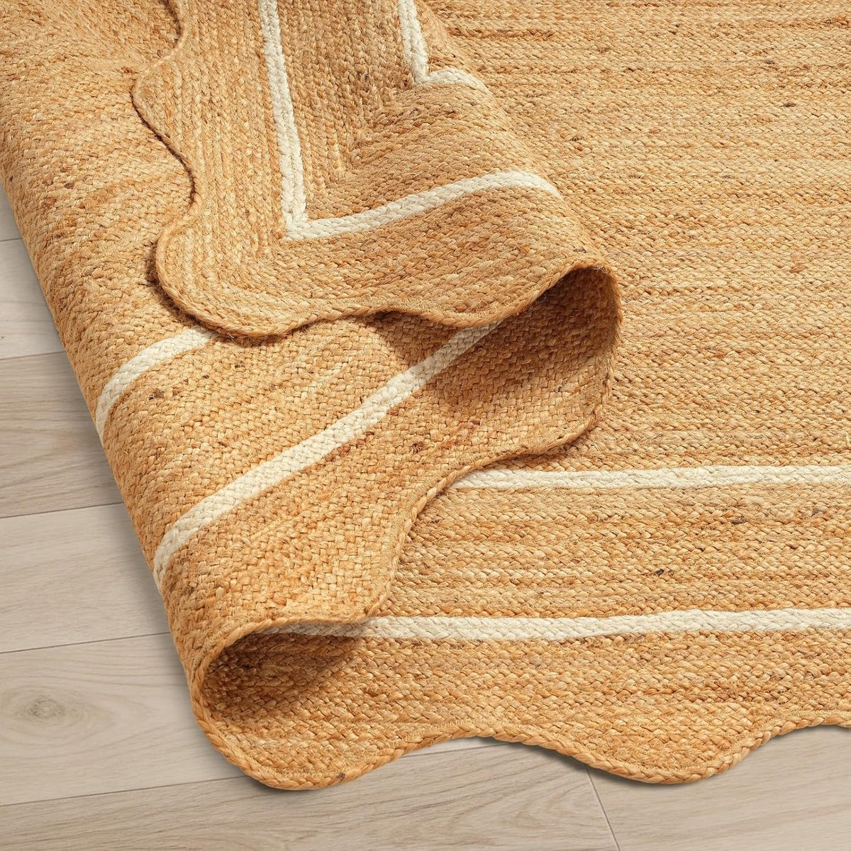 Jute Area Rug Natural Wave Scallop Ivory Border Handmade Rug