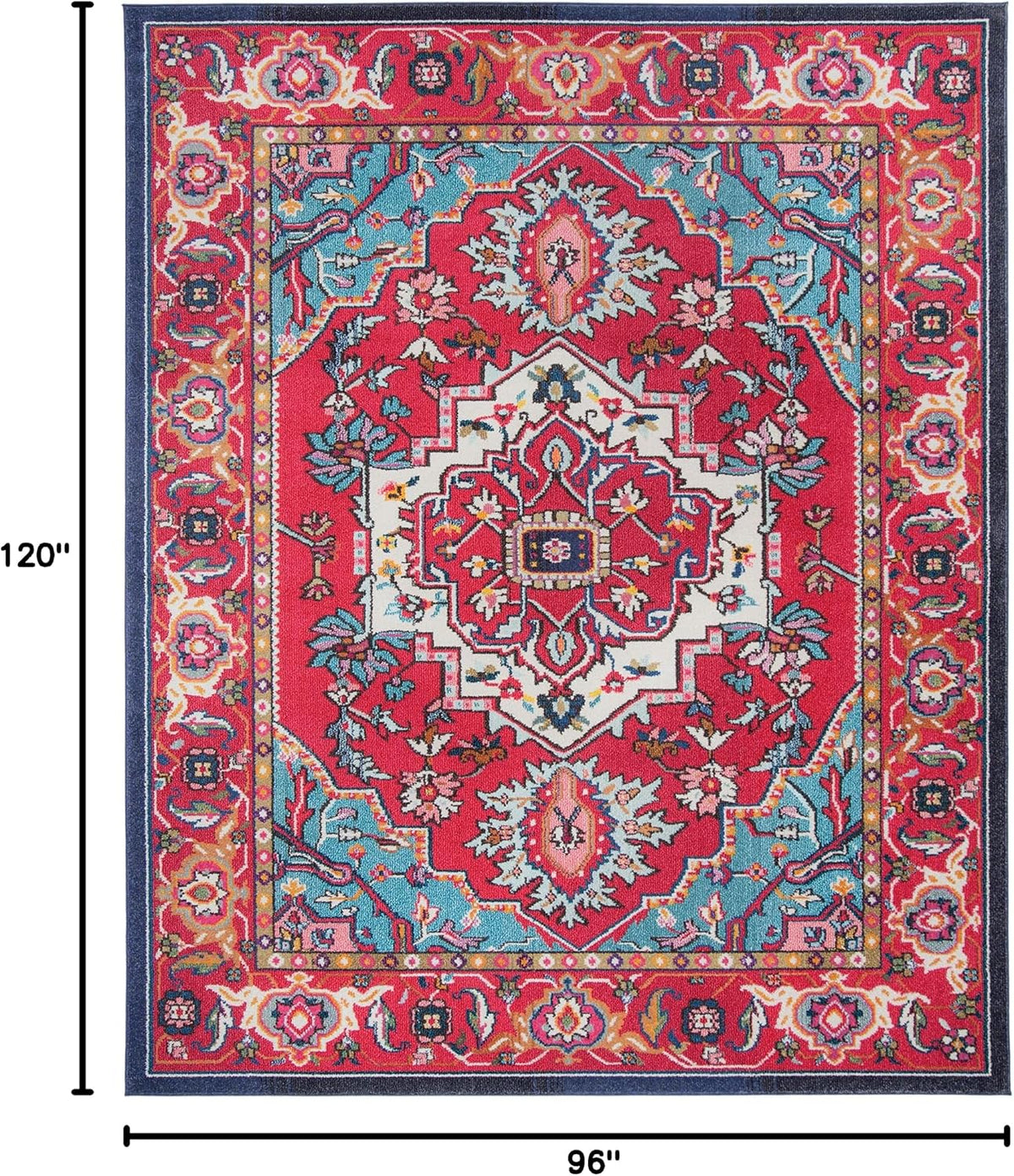 Monaco Collection Area Rug, Red & Turquoise, Boho Oriental Medallion Design, Non-Shedding & Easy Care