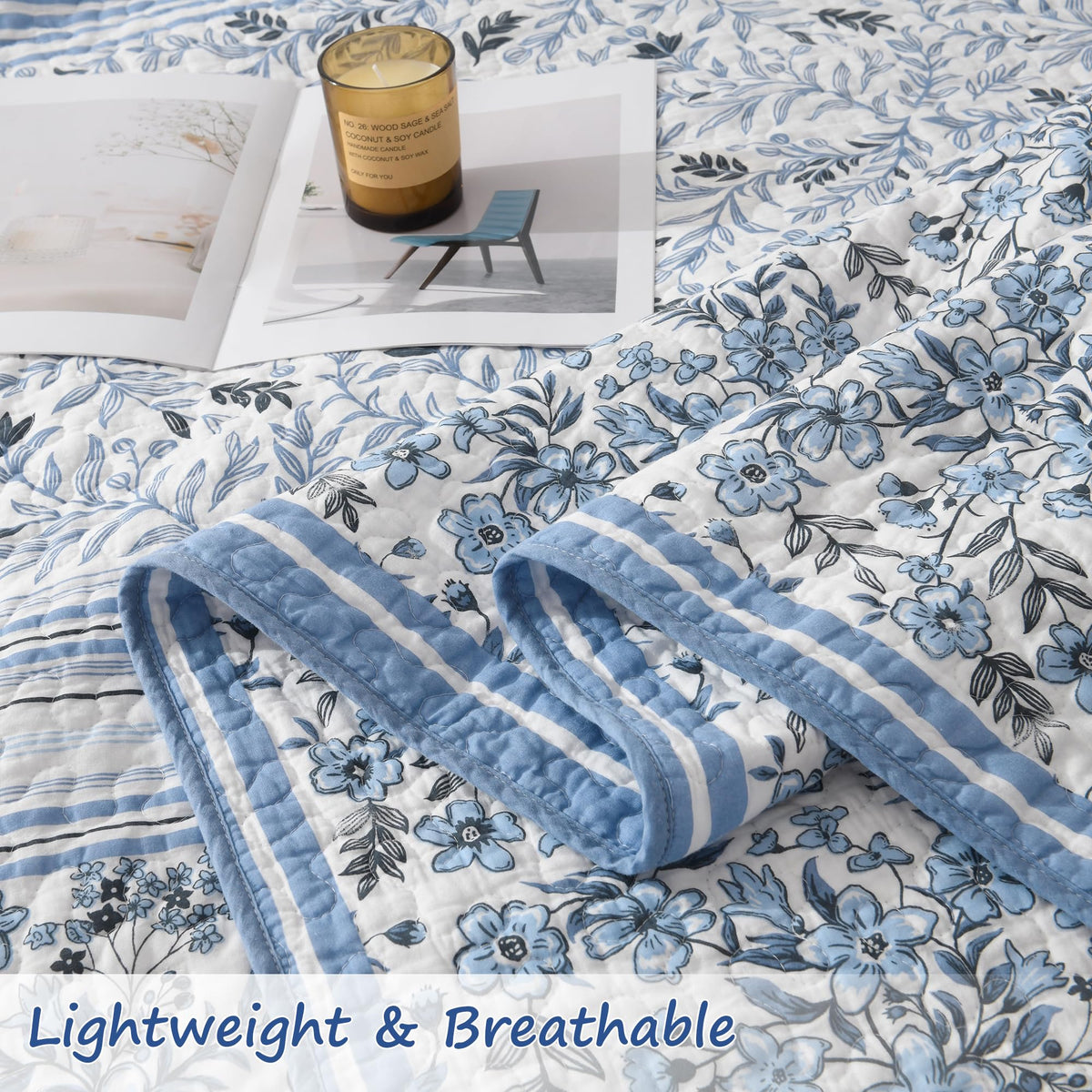 Blue White Toile Quilt, 3-Piece Cotton Bedspread with Shams