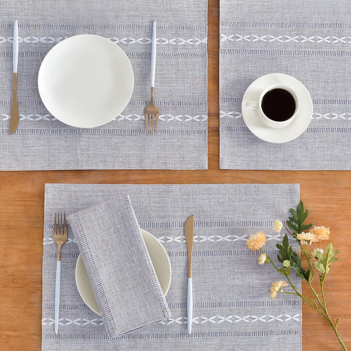 Linen Place Mats, Grey Embroidered Placemats Set of 4