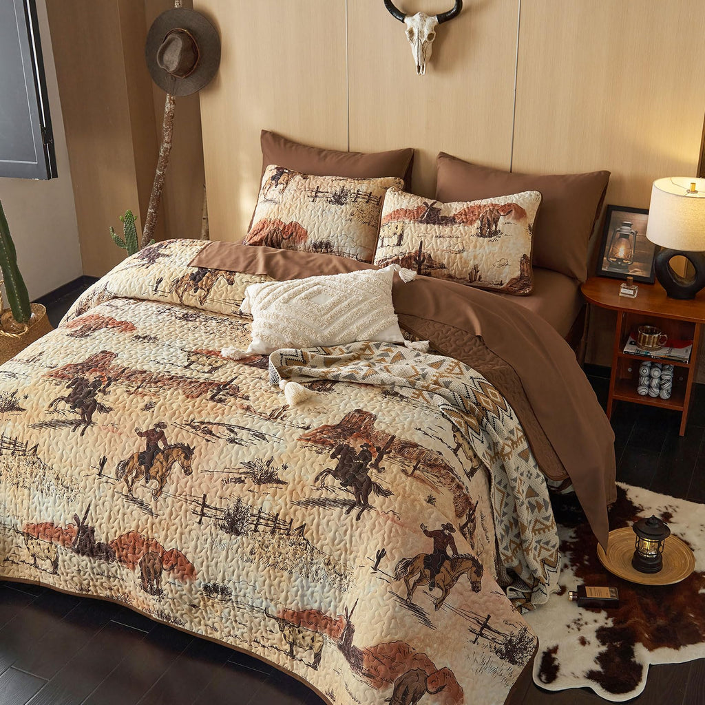 Quilt Set, Rustic Ranch Life with Cowboy Southwestern Vintage Country Pattern Printed, Reversible Lightweight