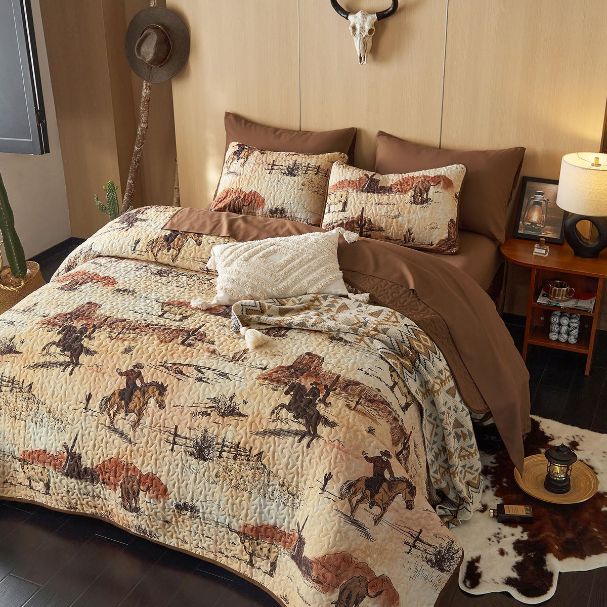 Quilt Set, Rustic Ranch Life with Cowboy Southwestern Vintage Country Pattern Printed, Reversible Lightweight