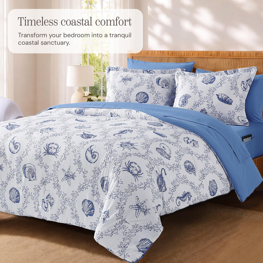 Comforter Set-7 Pieces Coastal Blue Bed in a Bag