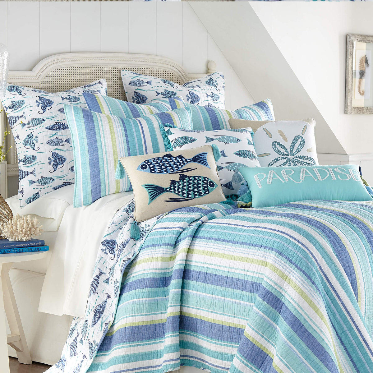 Laida Beach Quilt Set - Quilt + Two Standard Pillow Shams - Coastal Stripe - Green, Blue, White - Quilt