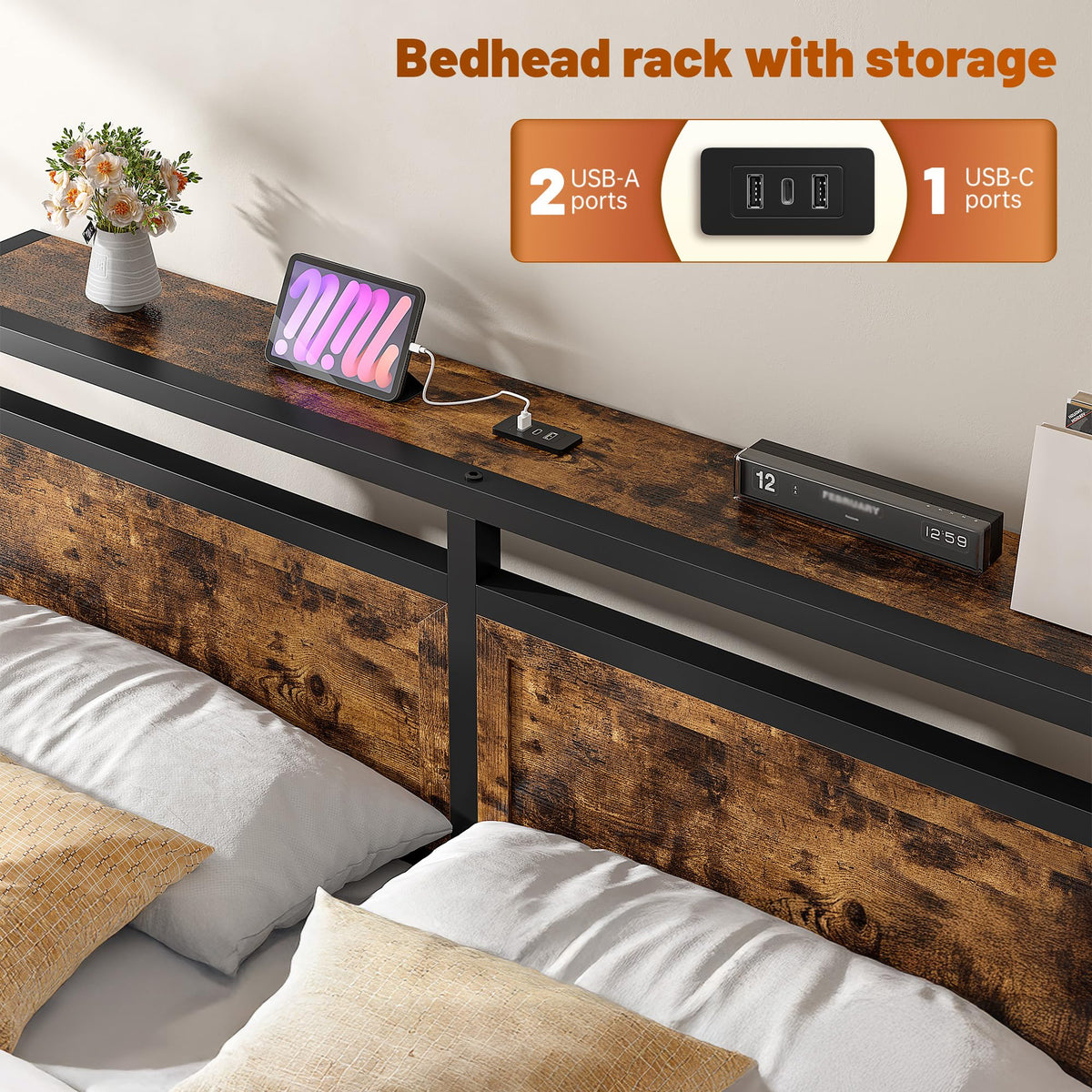 Bed Frame with Ottoman & Charging Station, Rustic Brown