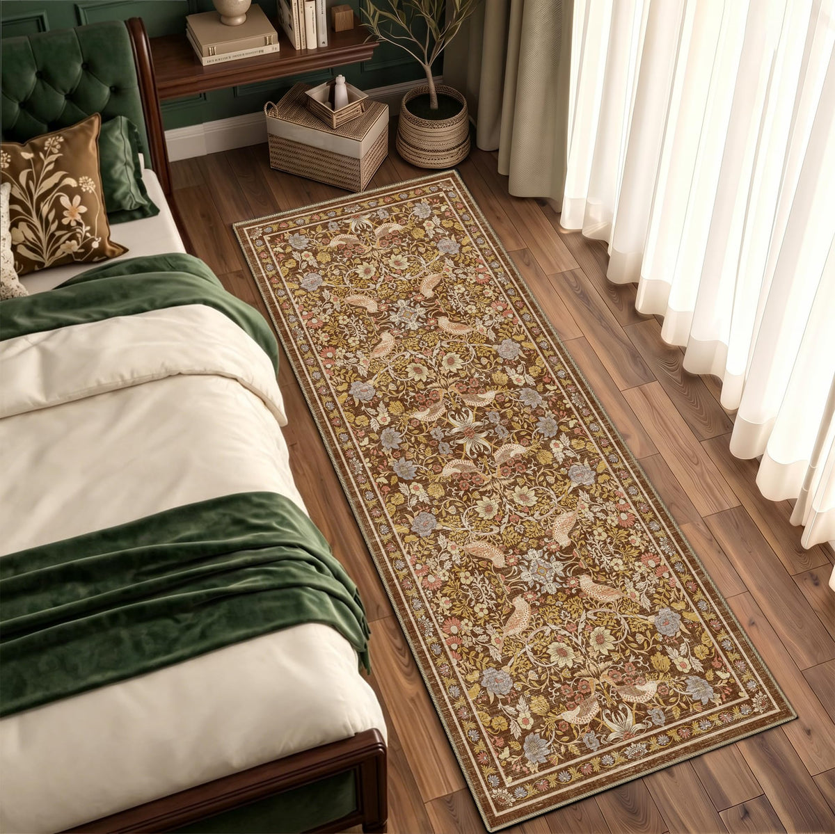 2x6 Washable Runner Rug, Vintage Botanical Bird Floral Hallway Runner, Non Slip Stain Resistant Low Pile Soft Kitchen