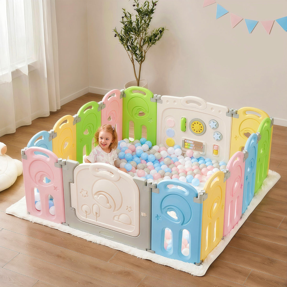 Cloud Castle Large 14-Panel Baby Playpen for Toddlers, Multicolor