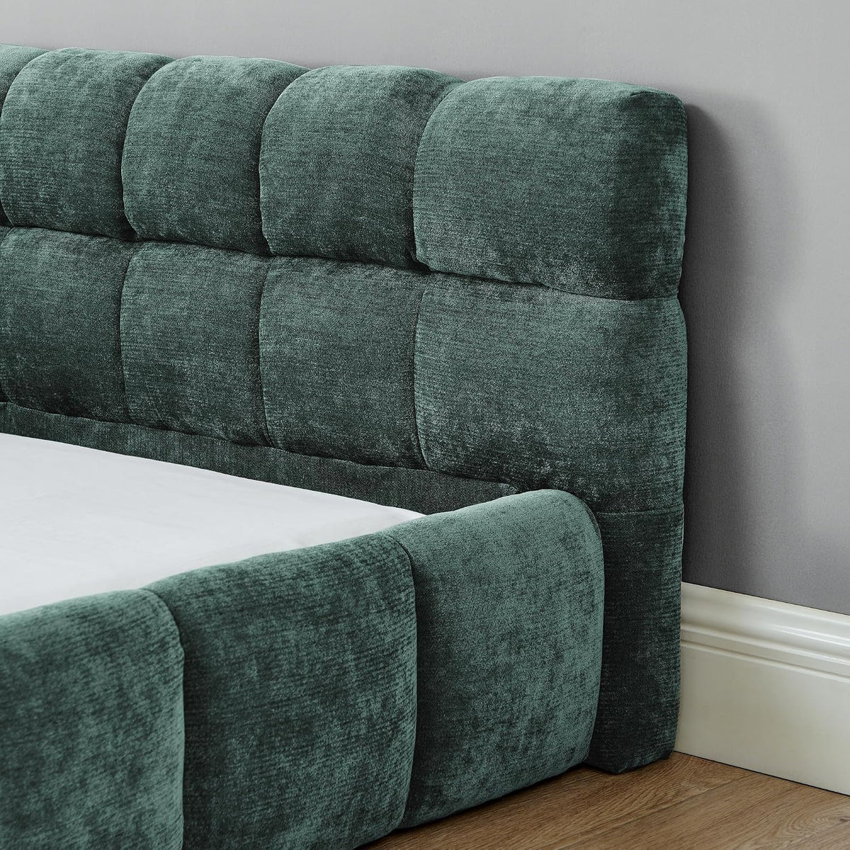Upholstered Platform Bed Frame with Headboard, Modern Low Profile Grounded Bed Frame, Chunky Fluted Chenille