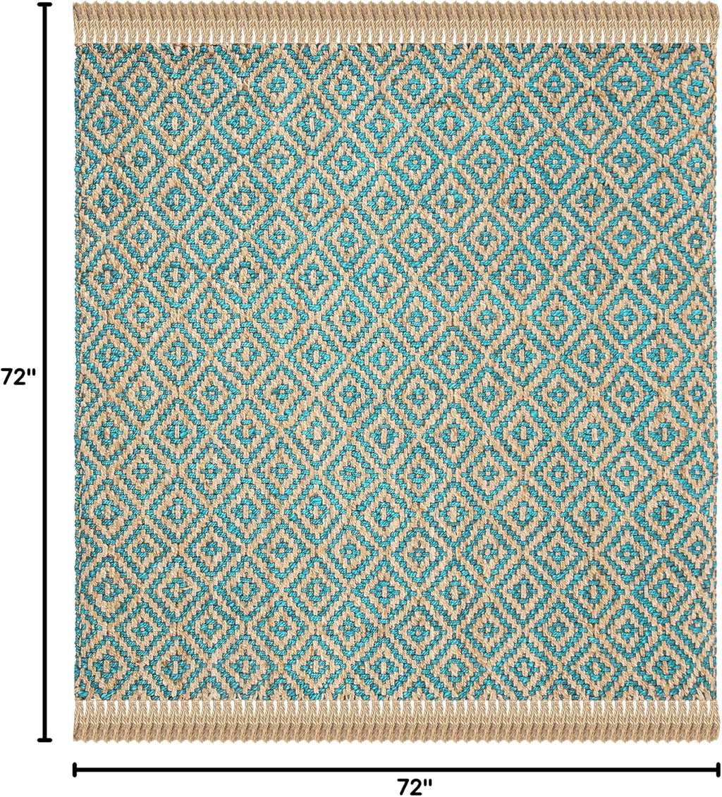 Natural Fiber Collection Area Rug - 6' Square, Turquoise & Natural, Handmade Boho Diamond Tassel Jute, Ideal for High