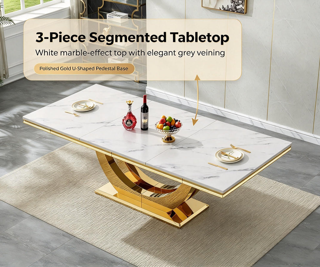 94" Faux Marble Dining Table for 8-10 Gold Stainless Steel Base
