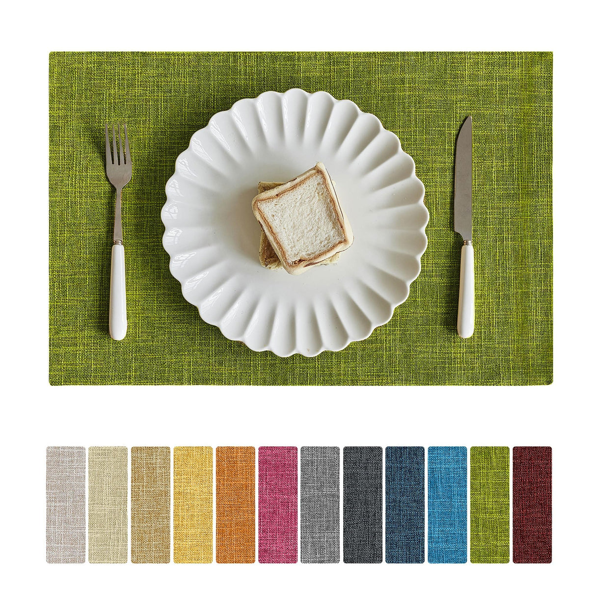 Faux Linen Cloth Placemats Set of 12-12 x 18 Inch, Lime Green